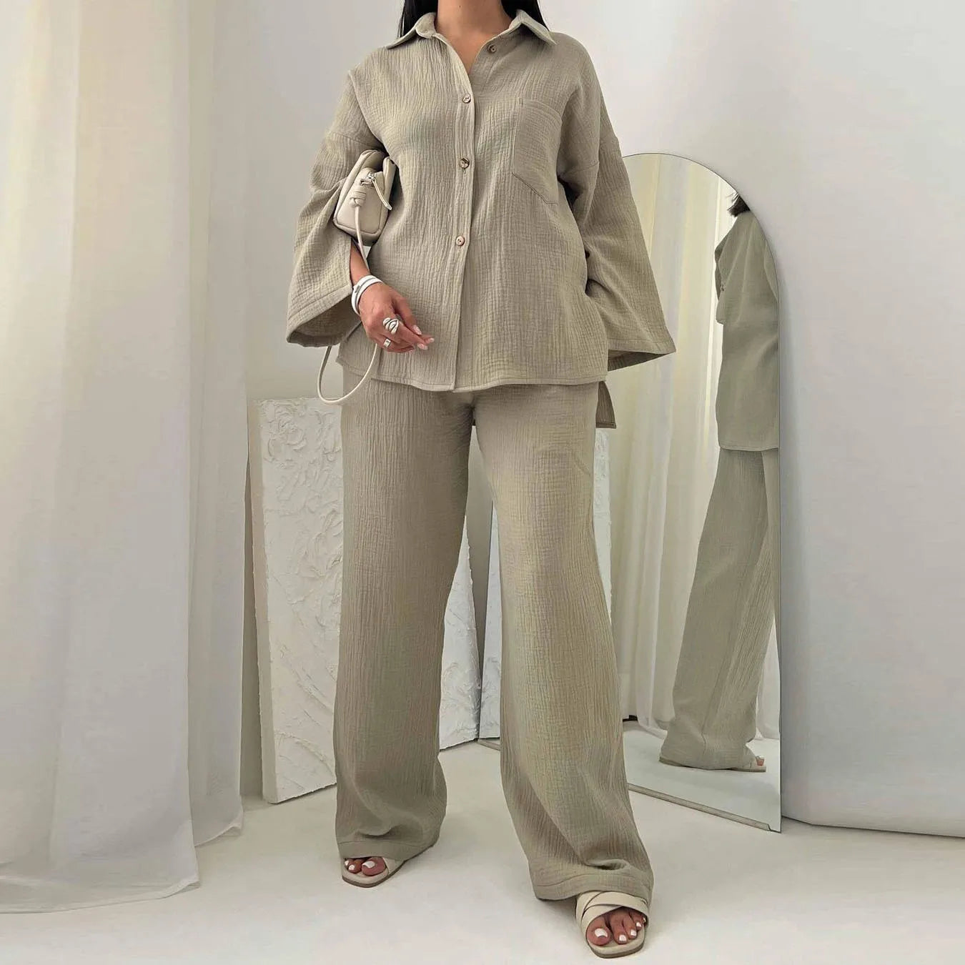 Ensemble Femme 2 Pièces – Chemise à Poches & Pantalon Large | Nura Chic - nura-chic
