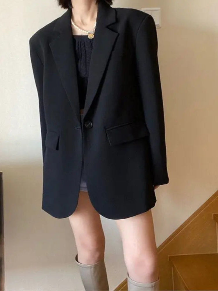 Blazer noir oversize femme – Veste chic coupe longue et décontractée - nura-chic