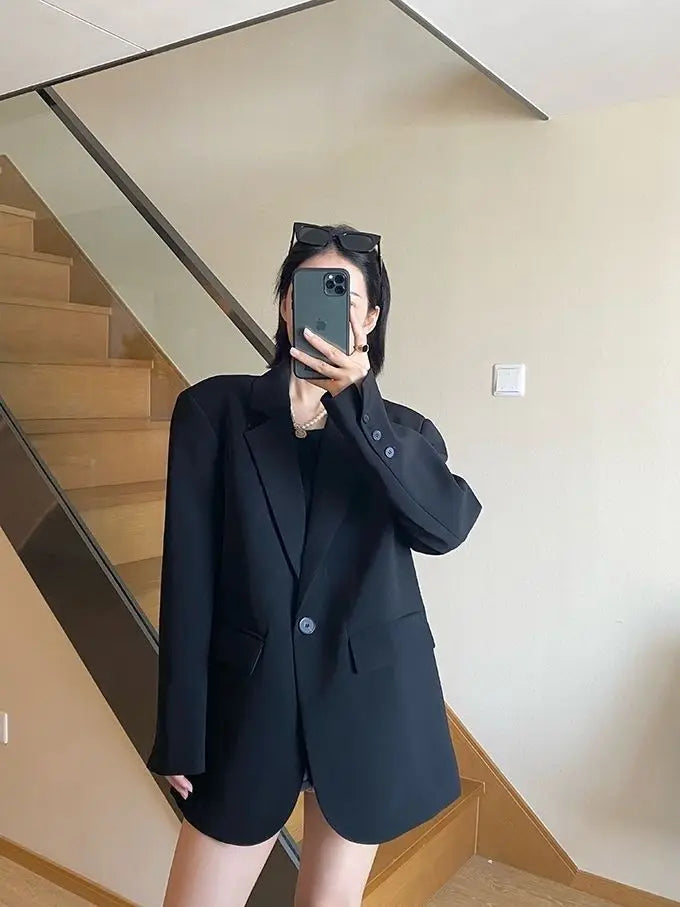 Blazer noir oversize femme – Veste chic coupe longue et décontractée - nura-chic