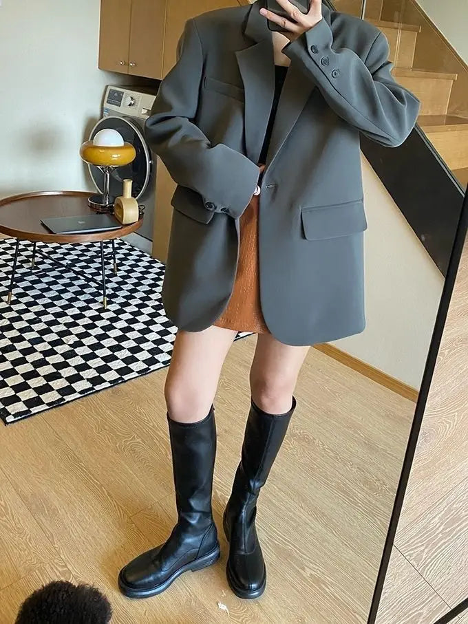Blazer noir oversize femme – Veste chic coupe longue et décontractée - nura-chic