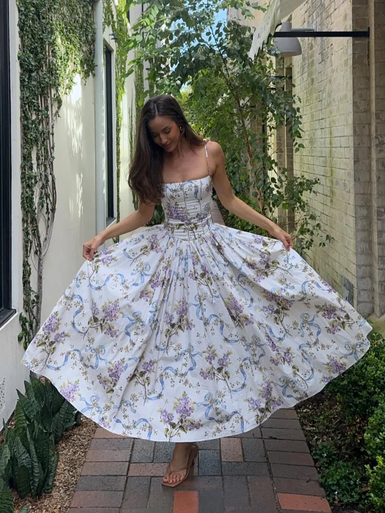 Robe Femme Élégante à Fines Bretelles Imprimé Fleuri Dos Nu Été 2025 - nura-chic