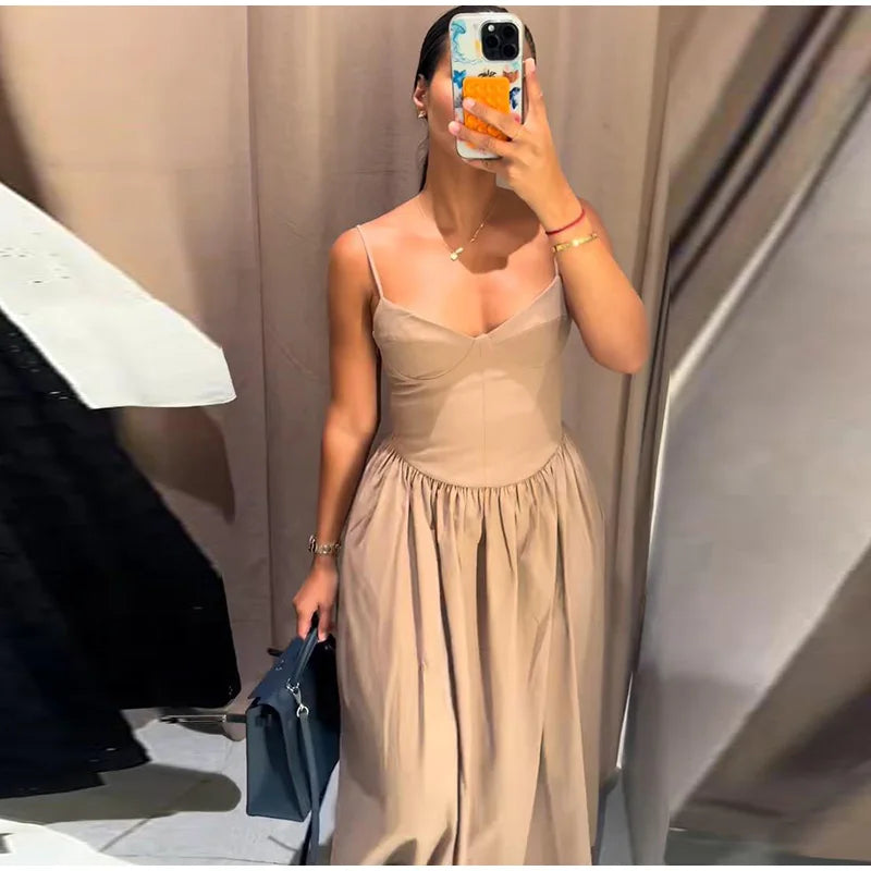 Robe Longue Femme Élégante Dos Nu à Bretelles Col V Plissé Été 2025 - nura-chic