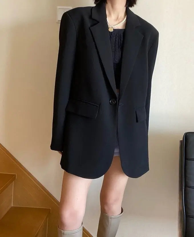 Blazer noir oversize femme – Veste chic coupe longue et décontractée - nura-chic