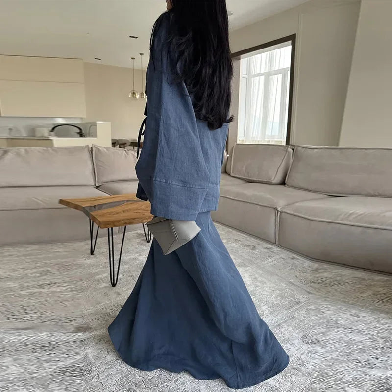 Ensemble Femme Été Chic Chemise à Lacets & Jupe Longue Bleue - nura-chic
