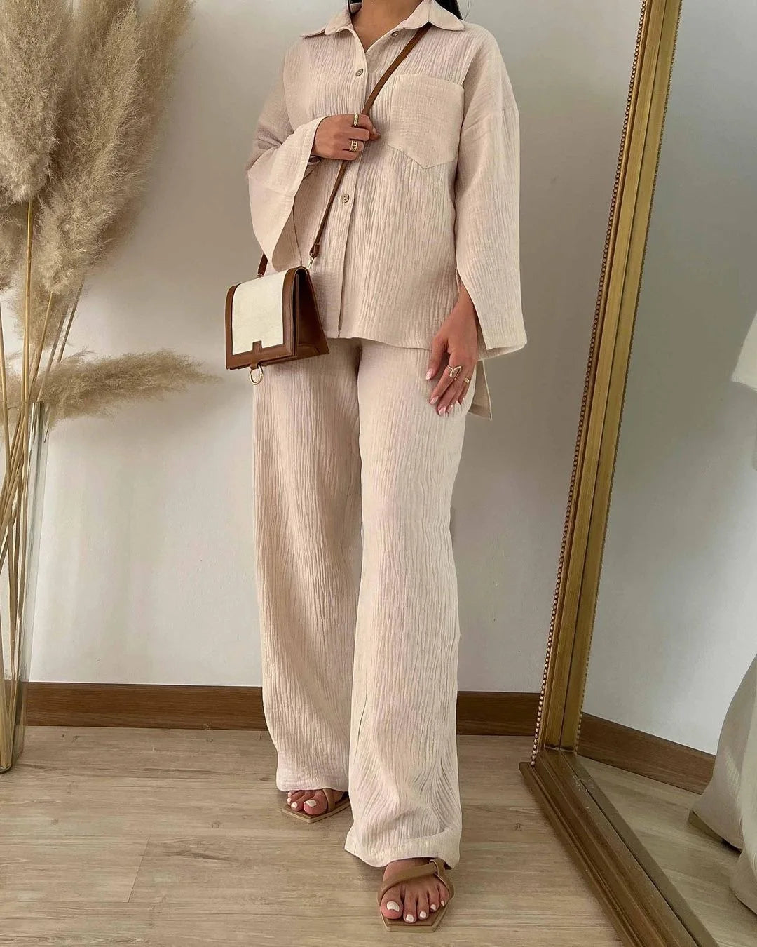 Ensemble Femme 2 Pièces – Chemise à Poches & Pantalon Large | Nura Chic - nura-chic