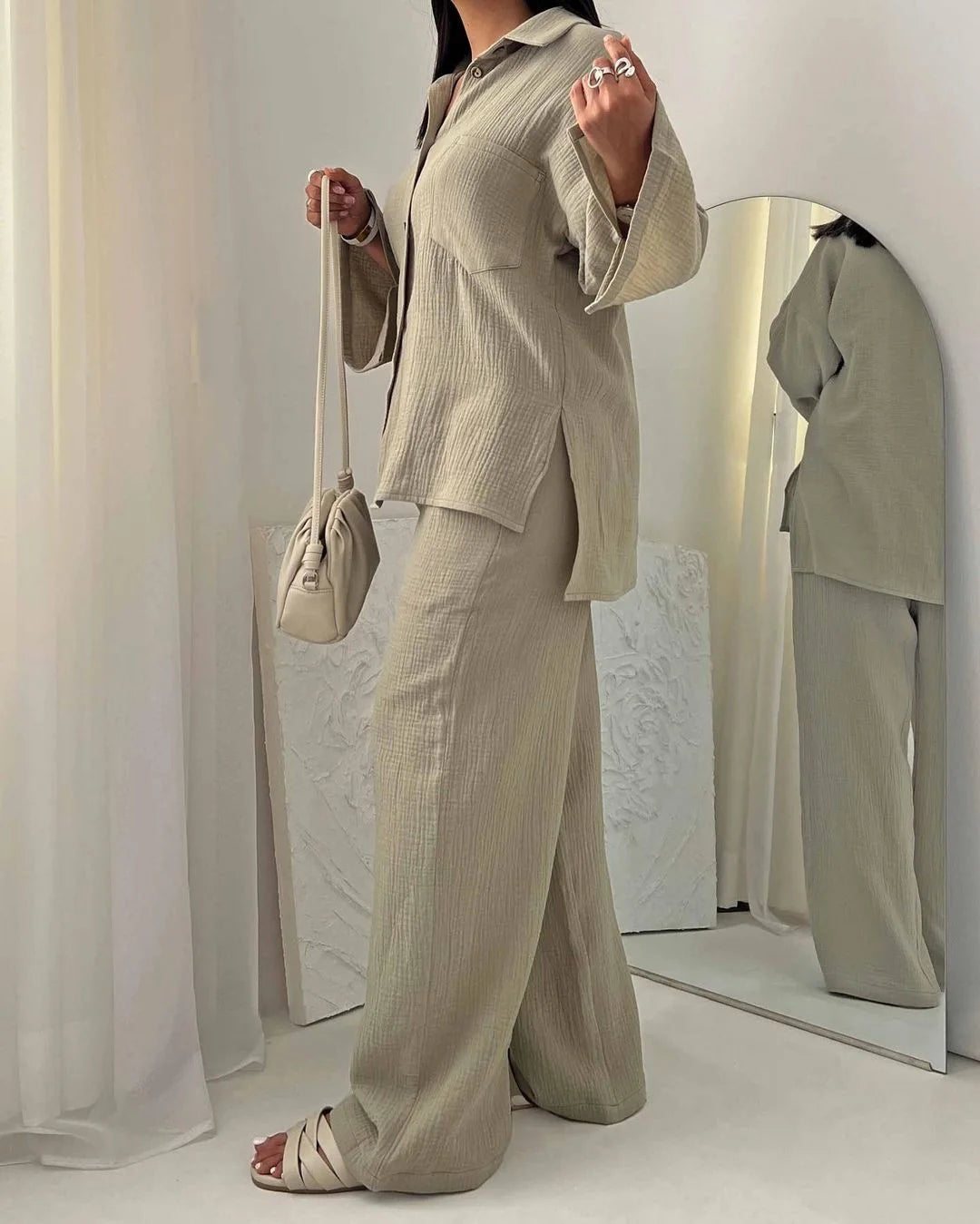 Ensemble Femme 2 Pièces – Chemise à Poches & Pantalon Large | Nura Chic - nura-chic
