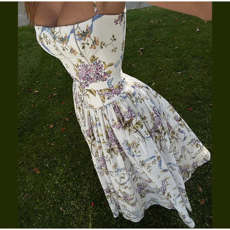 Robe Femme Élégante à Fines Bretelles Imprimé Fleuri Dos Nu Été 2025 - nura-chic
