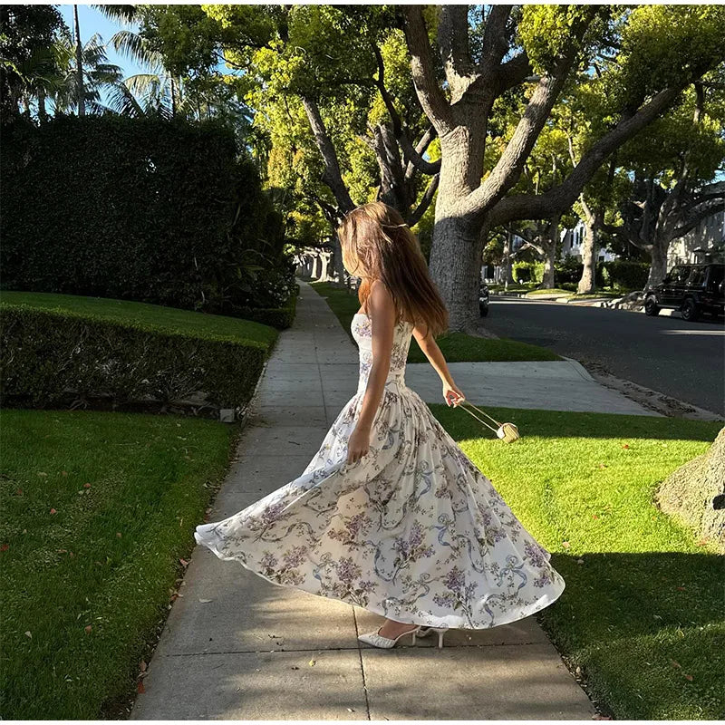 Robe Femme Élégante à Fines Bretelles Imprimé Fleuri Dos Nu Été 2025 - nura-chic