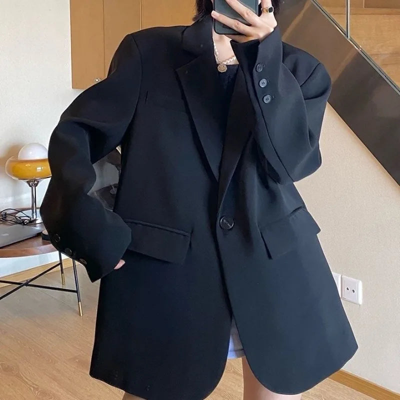 Blazer noir oversize femme – Veste chic coupe longue et décontractée - nura-chic