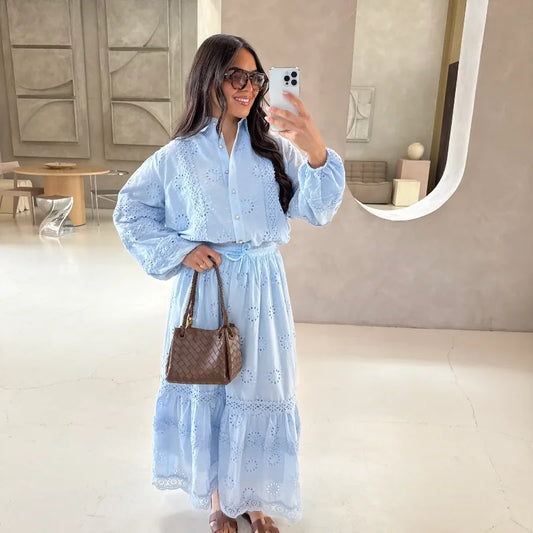Ensemble femme été 2025 – Chemise brodée & jupe longue chic | Nura-Chic - nura-chic