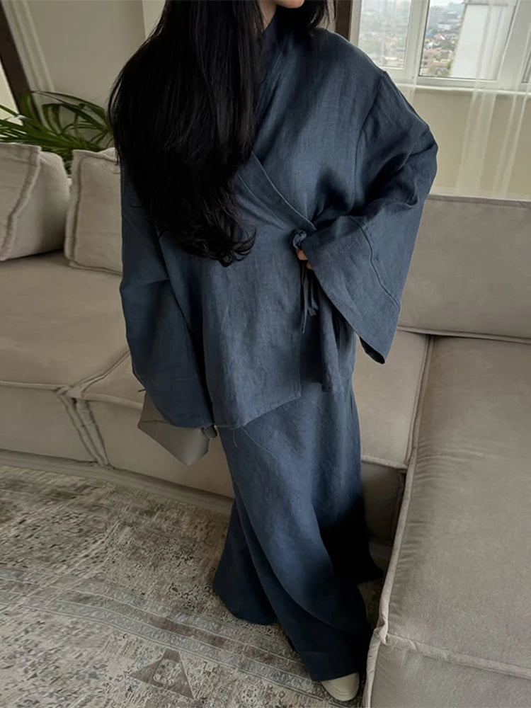 Ensemble Femme Été Chic Chemise à Lacets & Jupe Longue Bleue - nura-chic