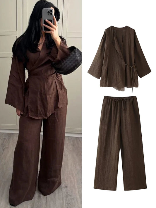 Ensemble Femme 2 Pièces Kimono à Lacets & Pantalon Large – Look Chic 2025 - nura-chic